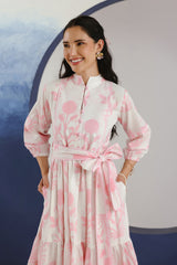 White & Pink Floral Printed Mandarin Collar Cotton Midi Dress