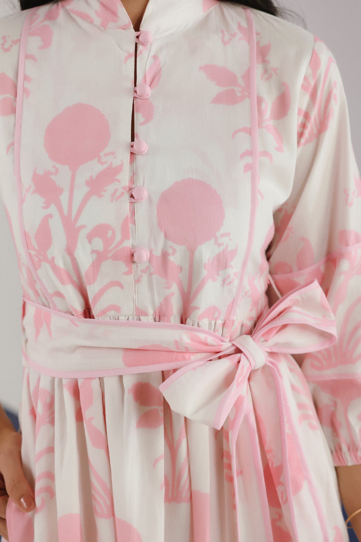 Pink Floral Printed Cotton Midi Dress With Mandarin Collar