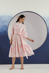White & Pink Floral Printed Mandarin Collar Cotton Midi Dress