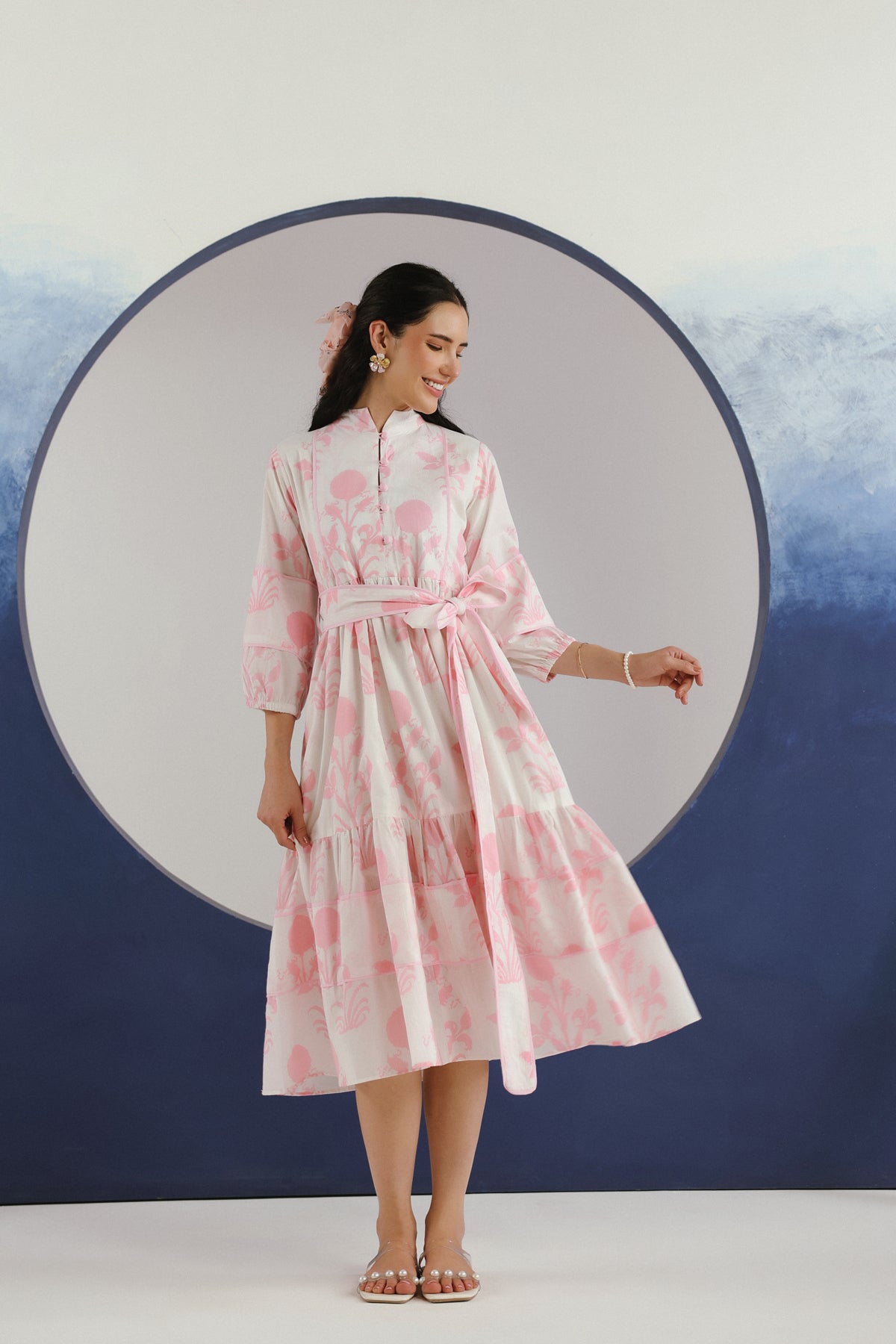 Pink Floral Printed Cotton Midi Dress With Mandarin Collar