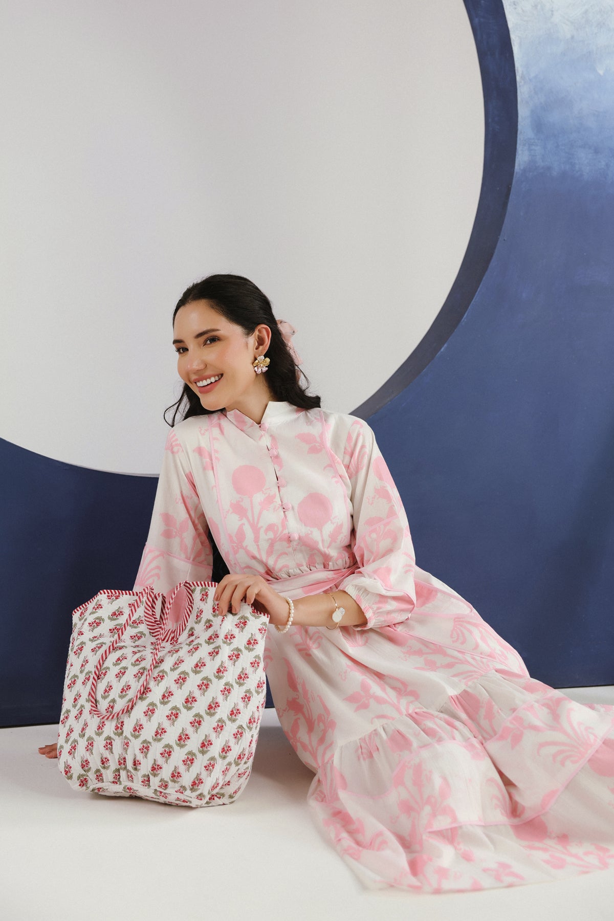 Pink Floral Printed Cotton Midi Dress With Mandarin Collar
