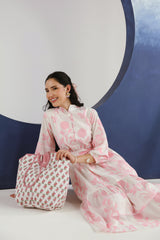 Pink Floral Printed Cotton Midi Dress With Mandarin Collar