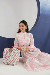 White & Pink Floral Printed Mandarin Collar Cotton Midi Dress