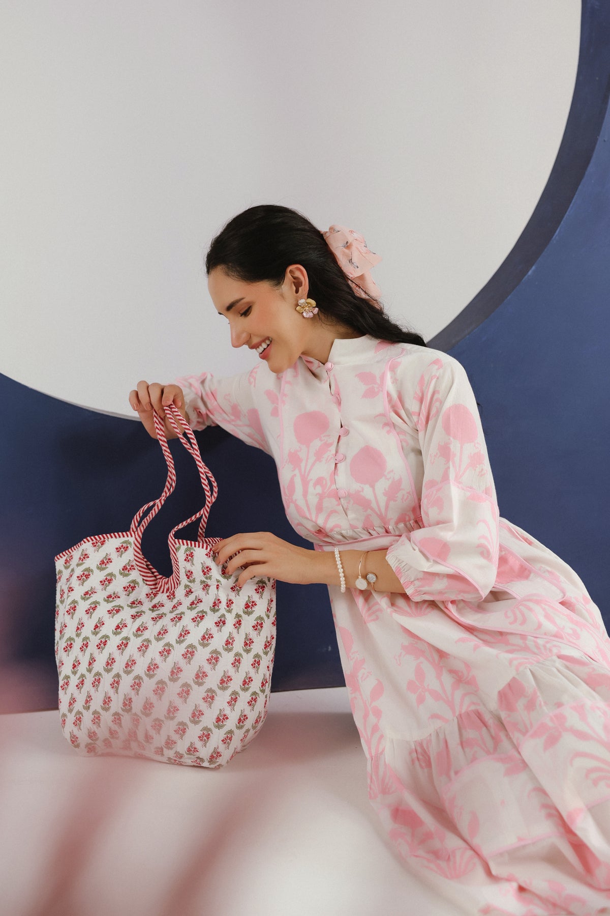 Pink Floral Printed Cotton Midi Dress With Mandarin Collar