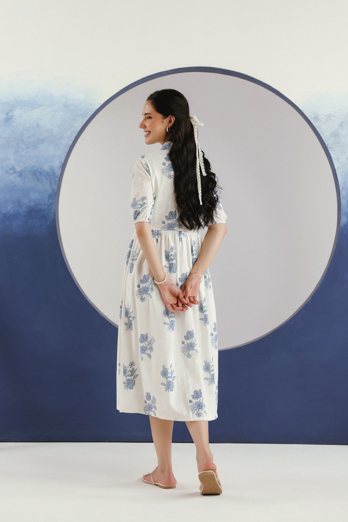White & Blue Floral Printed Cotton Midi Dress