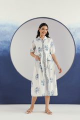 White & Blue Floral Printed Cotton Midi Dress