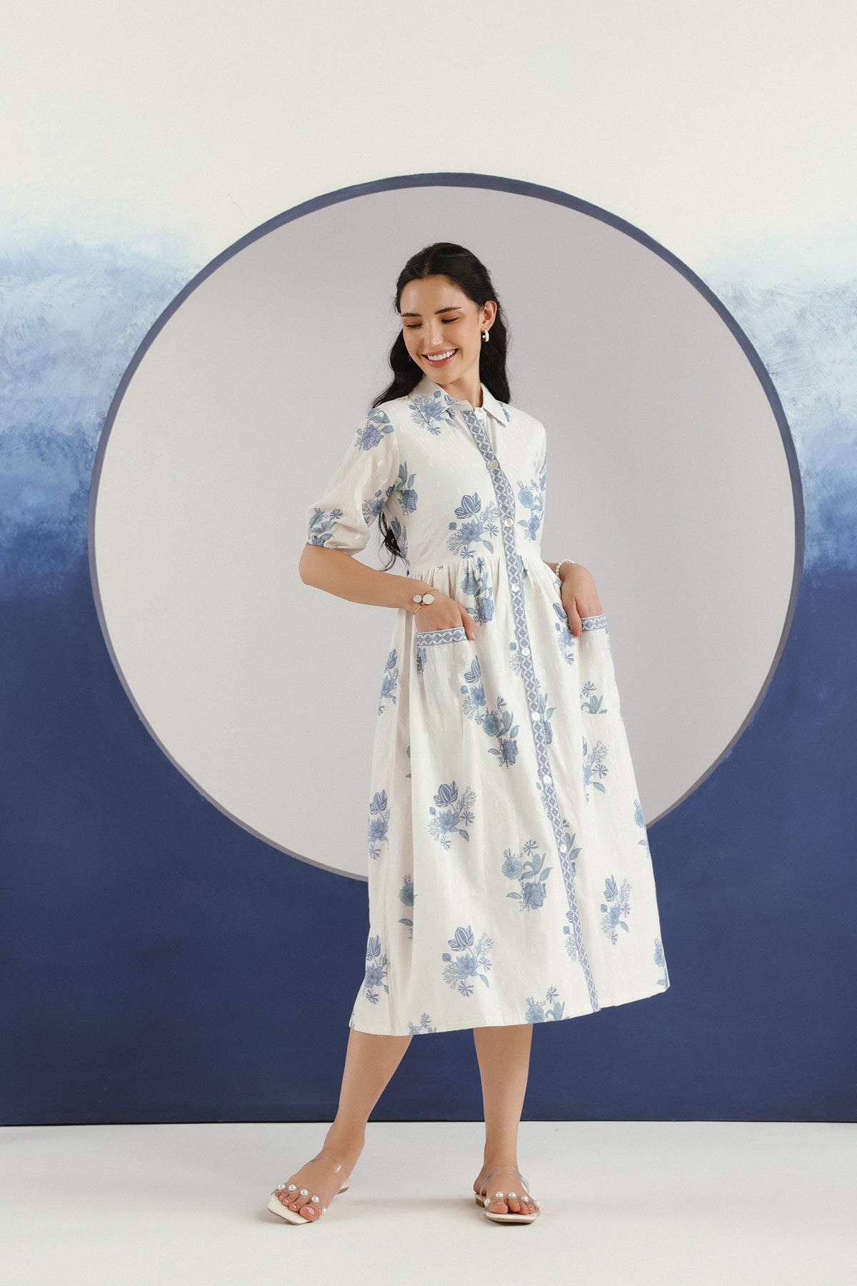 White & Blue Floral Printed Cotton Midi Dress