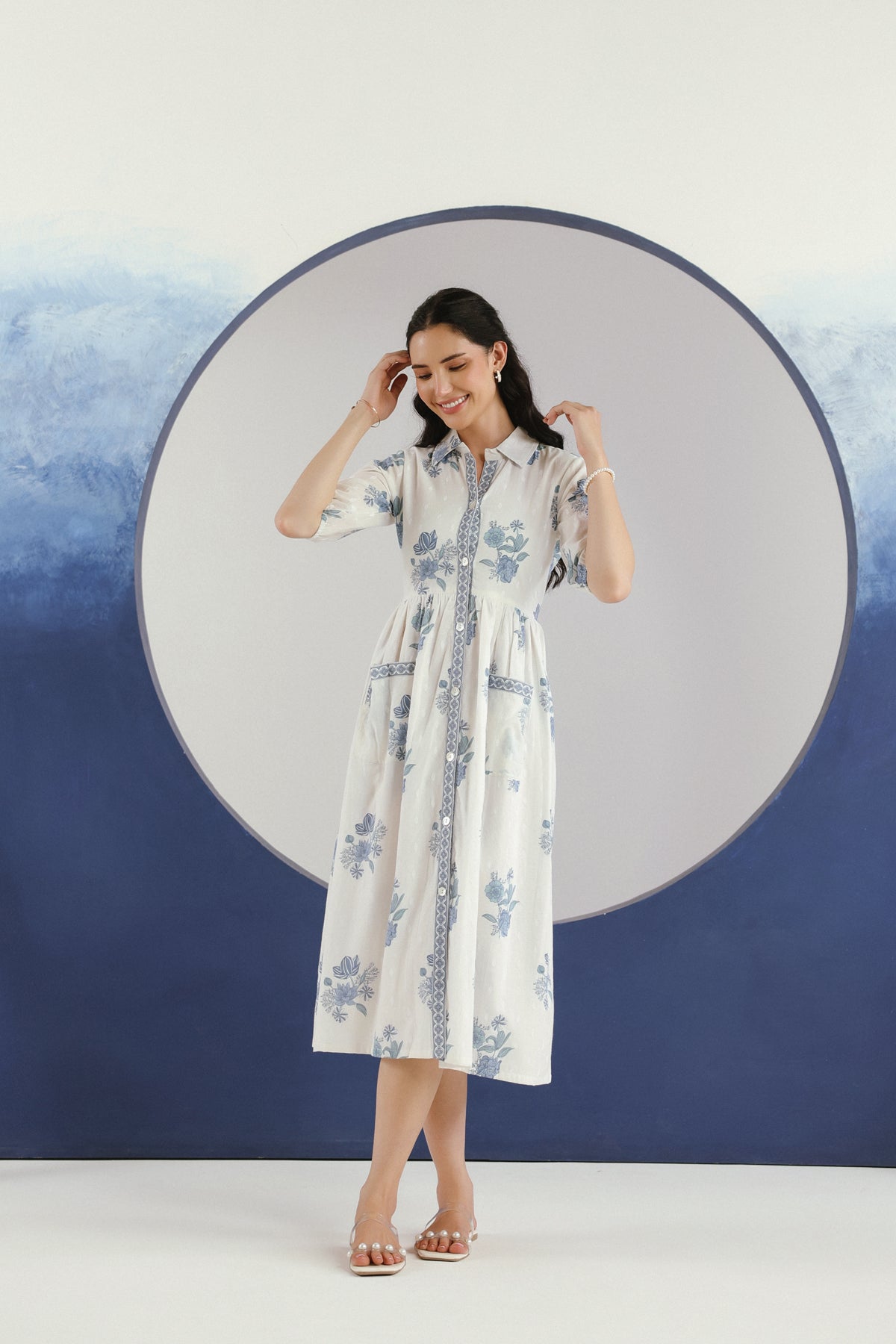 White & Blue Floral Printed Cotton Midi Dress