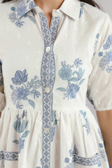 White & Blue Floral Printed Cotton Midi Dress