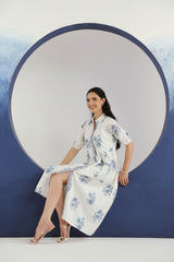 White & Blue Floral Printed Cotton Midi Dress