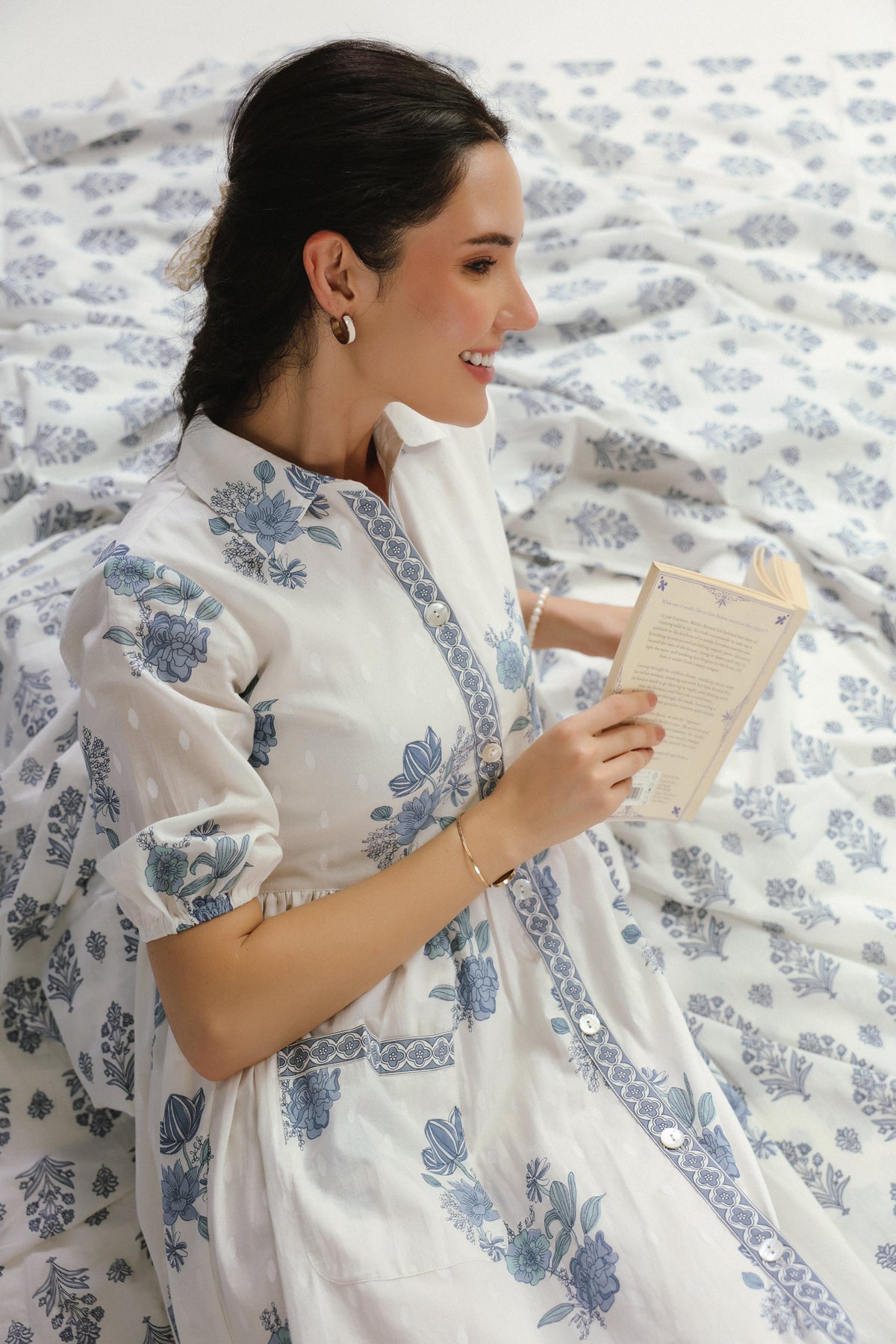 White & Blue Floral Printed Cotton Midi Dress