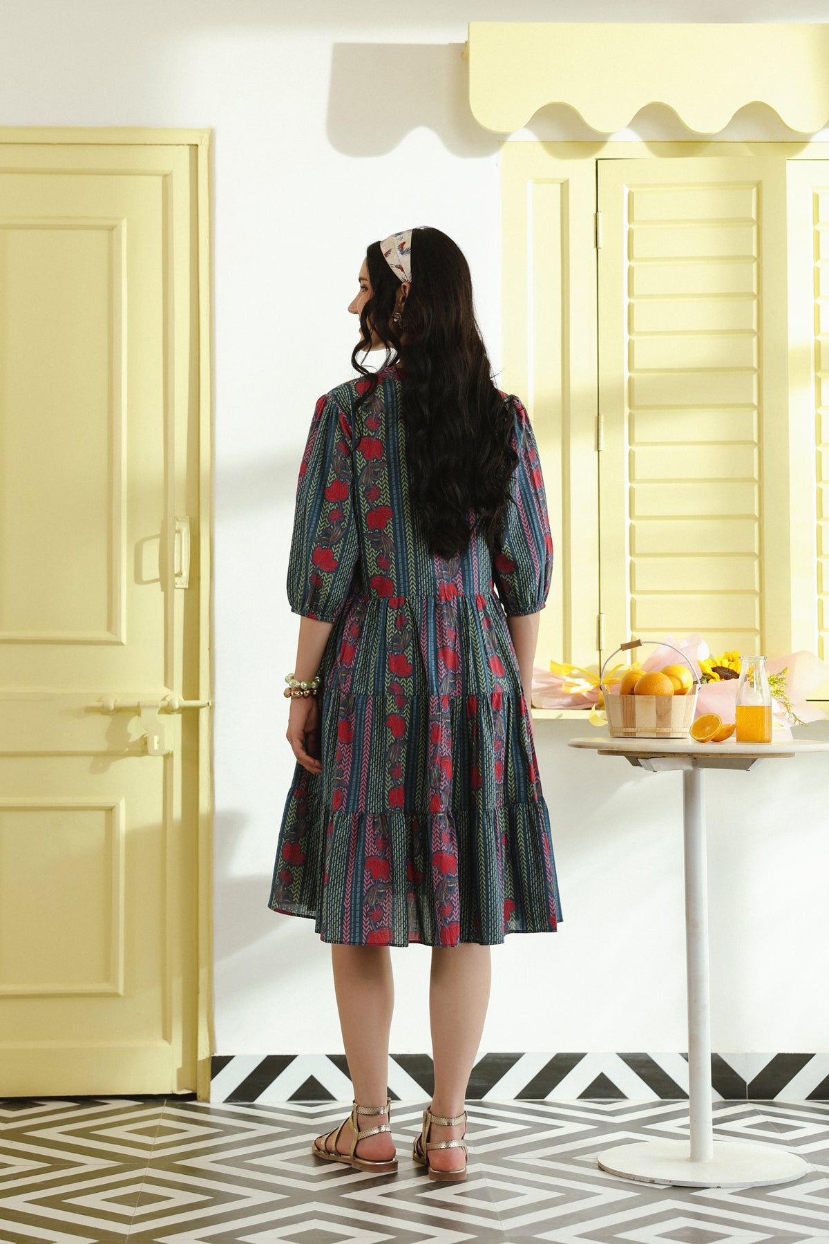 Teal Floral Printed Mandarin Collar Cotton Midi Dress
