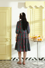 Teal Floral Printed Mandarin Collar Cotton Midi Dress