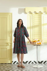 Teal Floral Printed Mandarin Collar Cotton Midi Dress