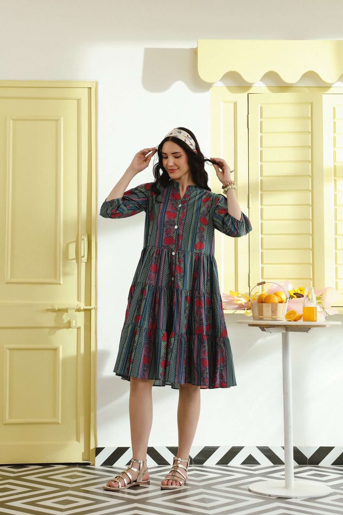 Teal Floral Printed Mandarin Collar Cotton Midi Dress