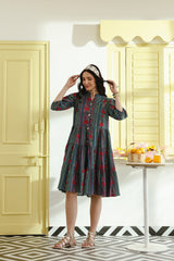 Teal Floral Printed Mandarin Collar Cotton Midi Dress