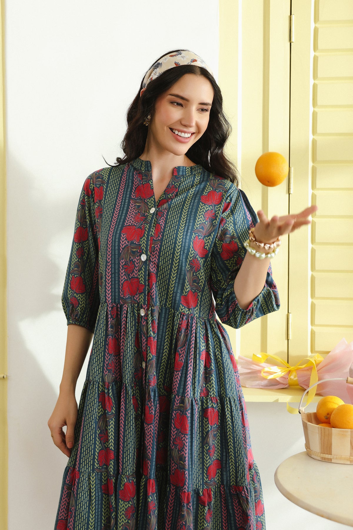 Teal Floral Printed Mandarin Collar Cotton Midi Dress