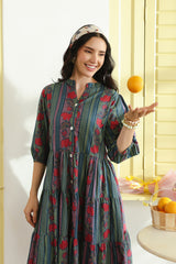 Teal Floral Printed Mandarin Collar Cotton Midi Dress