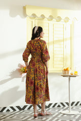 Mustard Vintage Floral Tie-Waist Cotton Dress