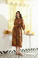 Mustard Vintage Floral Tie-Waist Cotton Dress