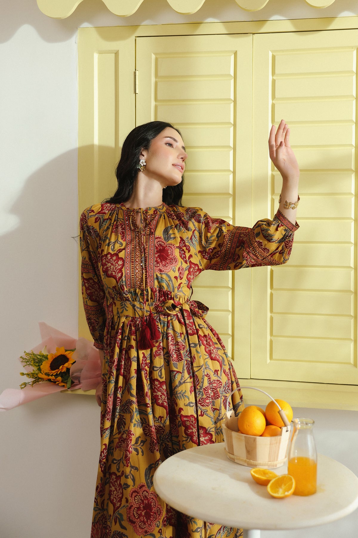 Mustard Vintage Floral Tie-Waist Cotton Dress