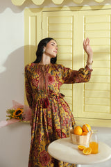 Mustard Vintage Floral Tie-Waist Cotton Dress