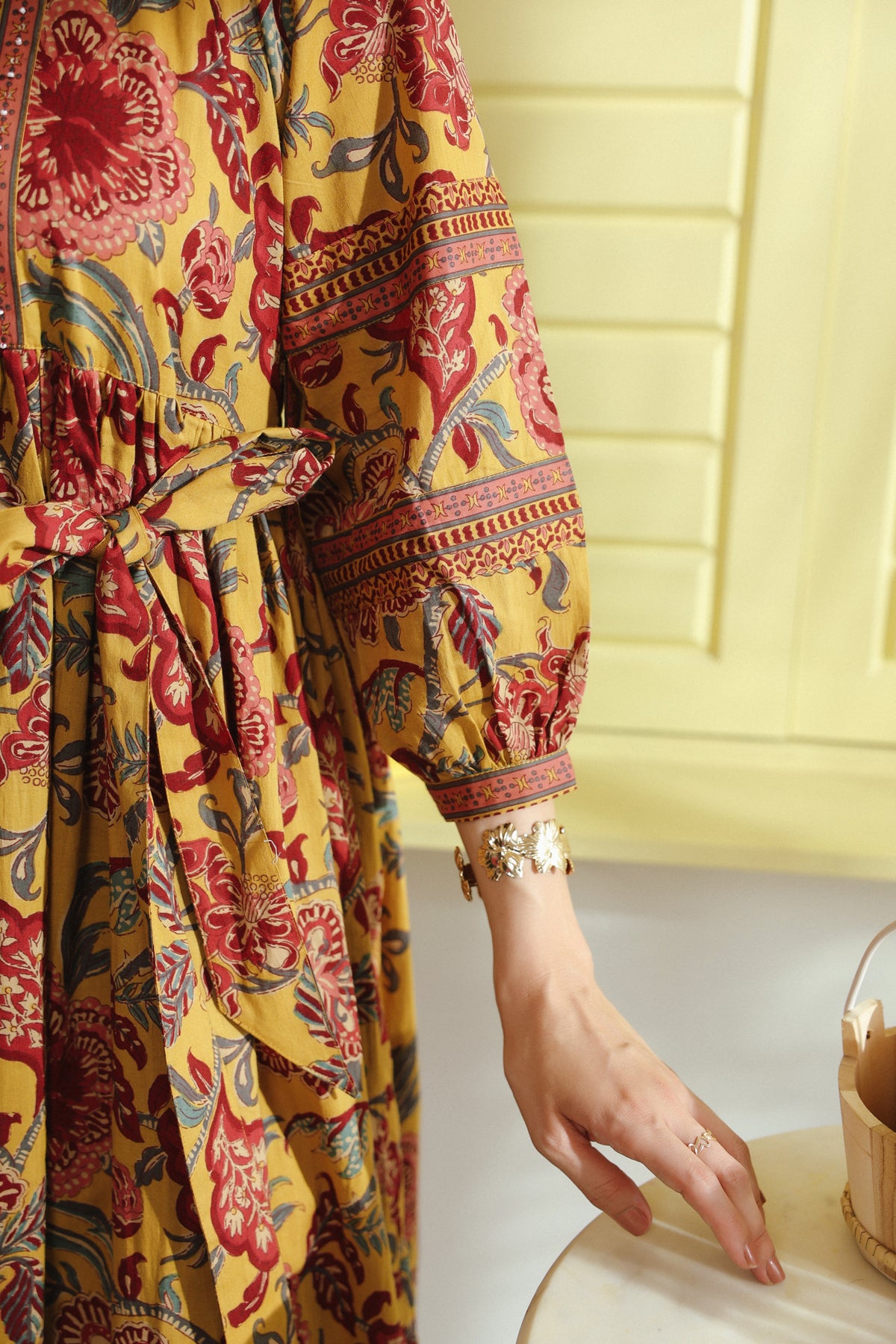 Mustard Vintage Floral Tie-Waist Cotton Dress