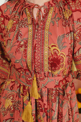 Pink Vintage Floral Tie-Waist Cotton Dress