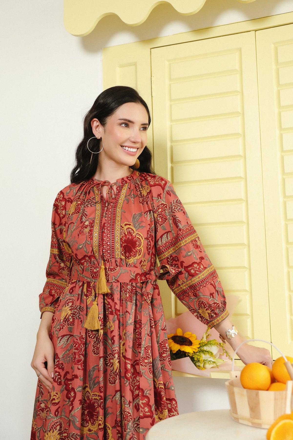 Pink Vintage Floral Tie-Waist Cotton Dress