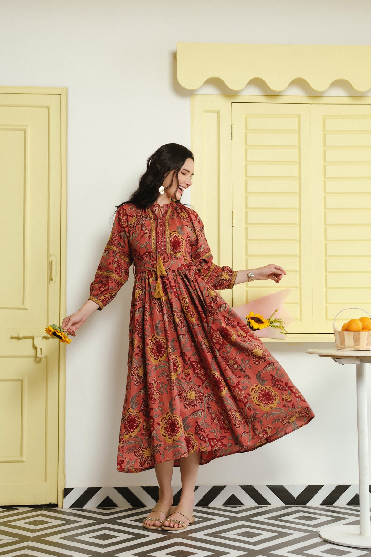 Pink Vintage Floral Tie-Waist Cotton Dress