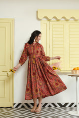 Pink Vintage Floral Tie-Waist Cotton Dress