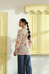 Cream Floral Printed Pintuck & Lace Cotton Top