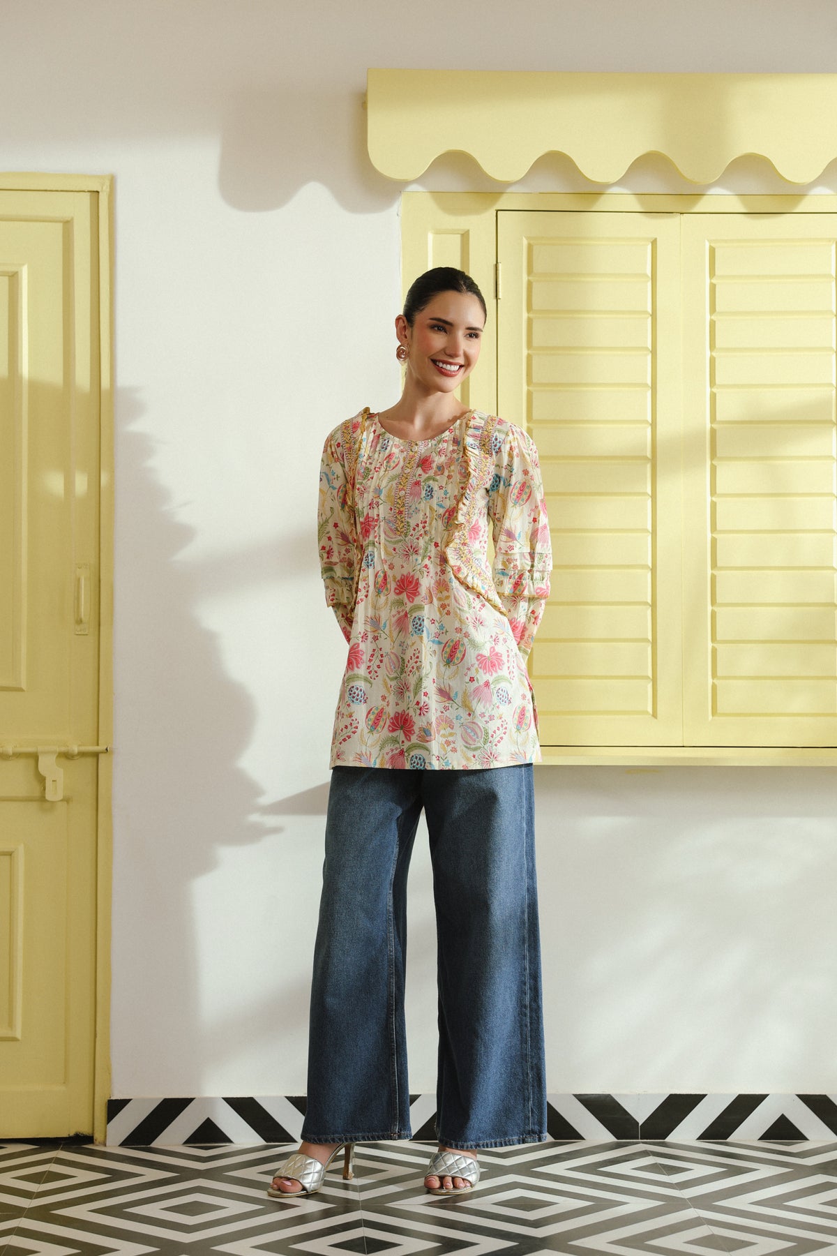 Cream Floral Printed Pintuck & Lace Cotton Top