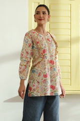 Cream Floral Printed Pintuck & Lace Cotton Top