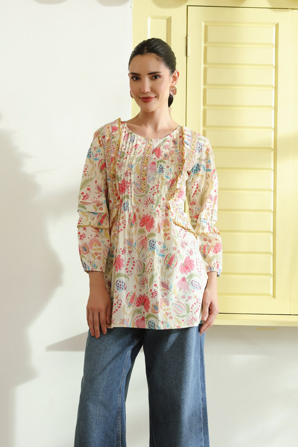 Cream Floral Printed Pintuck & Lace Cotton Top