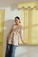 Cream Floral Printed Pintuck & Lace Cotton Top
