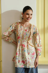 Cream Floral Printed Pintuck & Lace Cotton Top