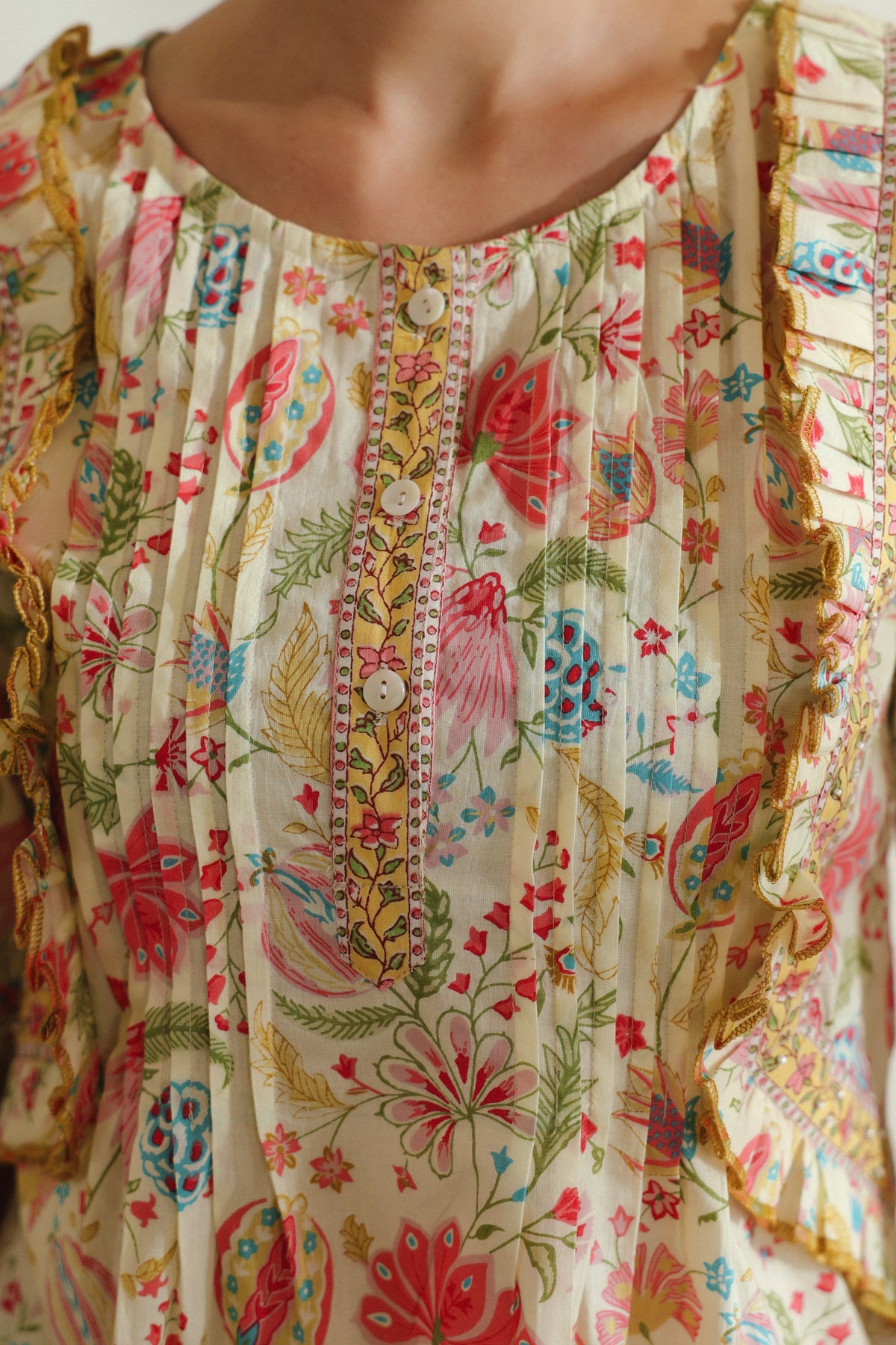 Cream Floral Printed Pintuck & Lace Cotton Top