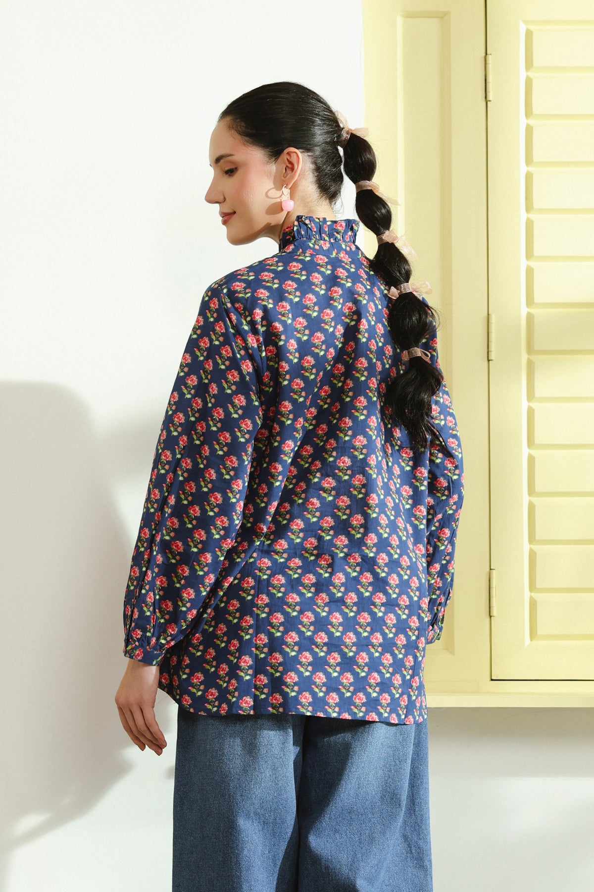 Blue Printed Peasant Shirt with Frill Details