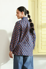 Blue Printed Peasant Shirt with Frill Details