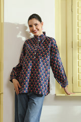 Blue Printed Peasant Shirt with Frill Details