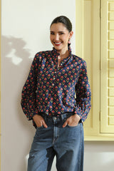 Blue Printed Peasant Shirt with Frill Details