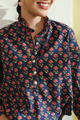 Blue Printed Peasant Shirt with Frill Details