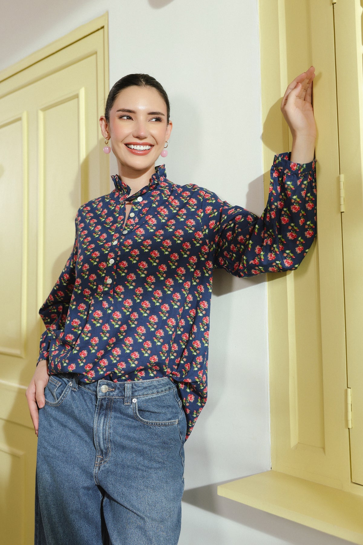 Blue Printed Peasant Shirt with Frill Details