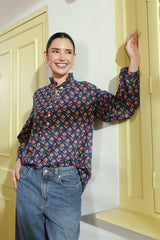 Blue Printed Peasant Shirt with Frill Details
