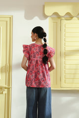 Pink Floral Printed Cotton Top with Flutter Sleeves
