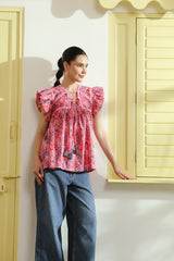 Pink Floral Printed Cotton Top with Flutter Sleeves
