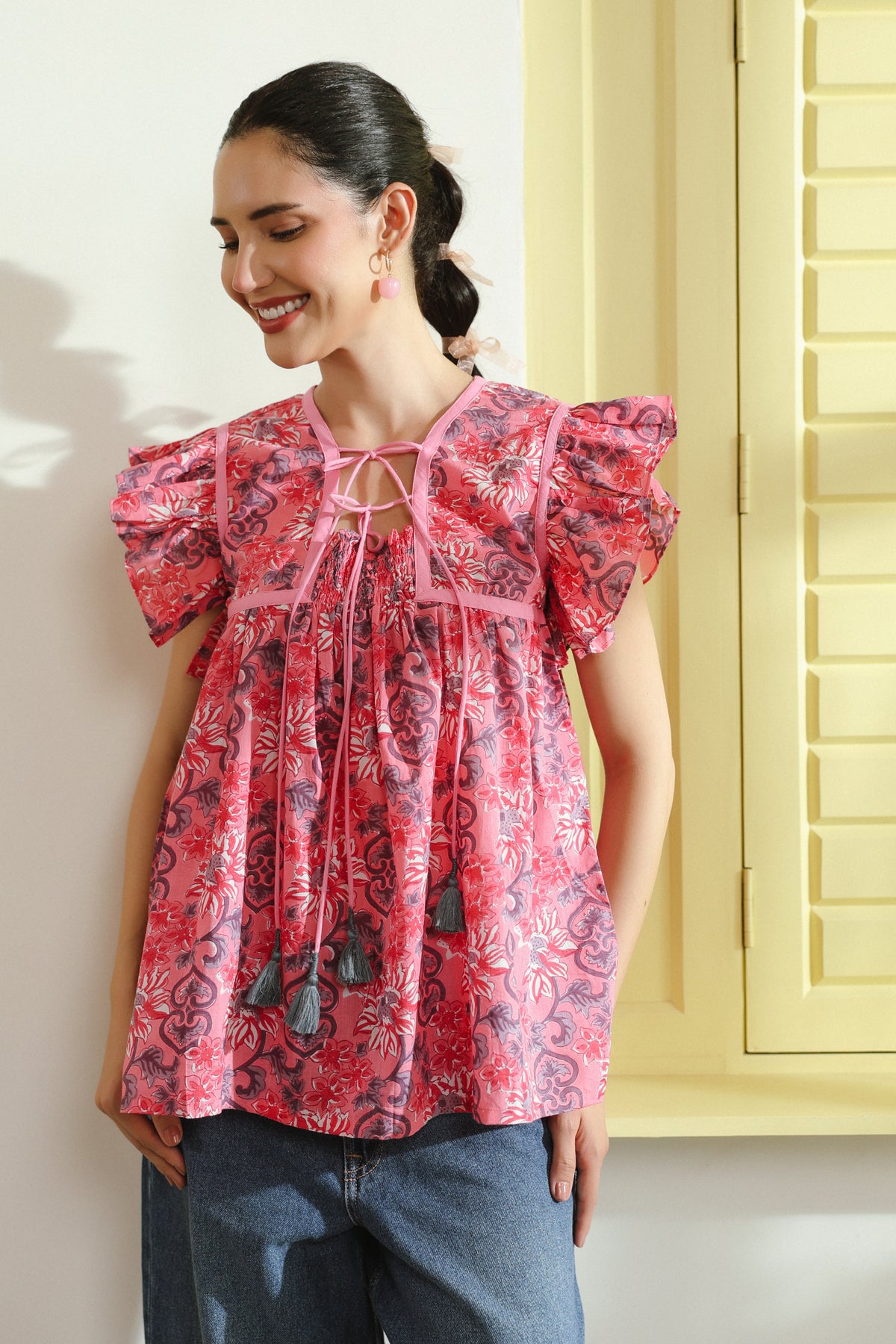 Pink Floral Printed Cotton Top with Flutter Sleeves
