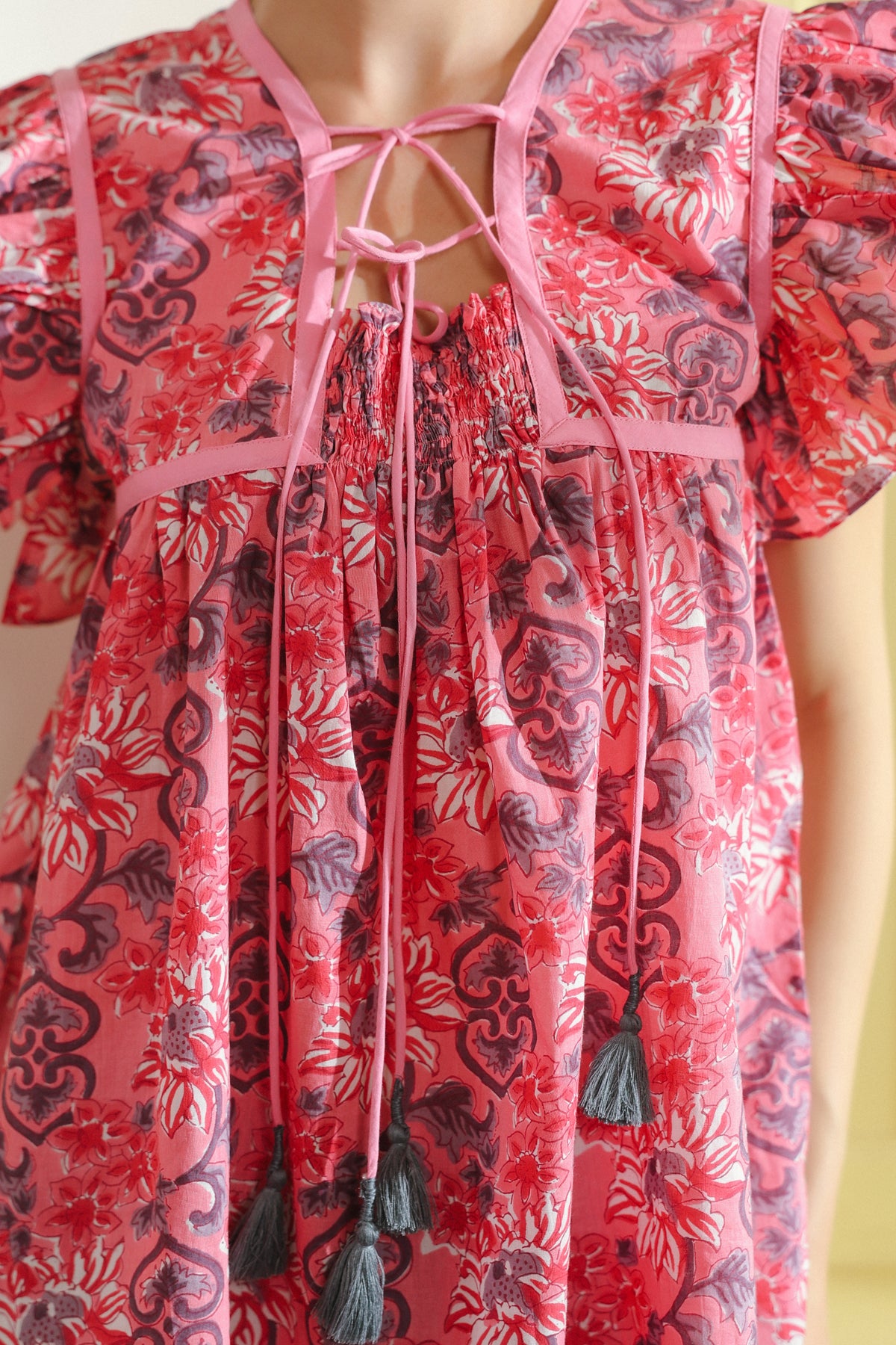 Pink Floral Printed Cotton Top with Flutter Sleeves