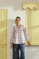 Purple Floral Printed V-Neck Pintucks Cotton Top
